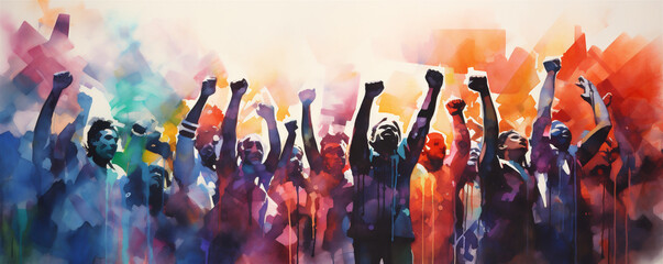 Silhouetted Men and Women Holding Fists in the Air, Representing Solidarity, Vibrant Watercolor Painting, Generative AI