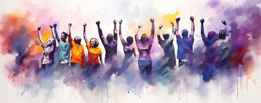 Silhouetted Men and Women Holding Fists in the Air, Representing Solidarity, Vibrant Watercolor Painting, Generative AI