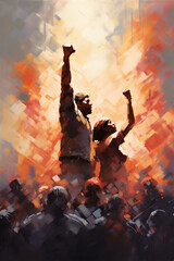 Silhouetted Men and Women Holding Fists in the Air, Representing Solidarity, Painting, Generative AI