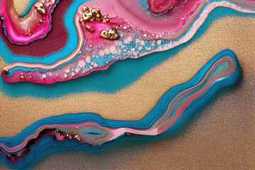 Pink and teal acrylic color liquid ink swirl abstract background with ravishing turbulence wavy pattern and detailed texture. Colorful and realistic dynamic texture by Generative AI.
