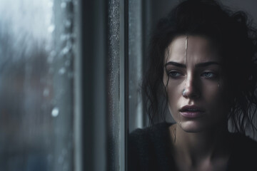 Fototapeta na wymiar Sad girl near window thinking about something