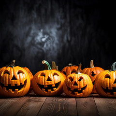 Spooky Halloween Jack-O-Lanterns: Glowing Pumpkins on Black Background. Generative AI