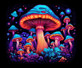 Trippy Psychedelic Mushroom, Black Light Style Art, Vivid Neon Colors, Generative AI