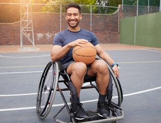 Basketball player, portrait and man in wheelchair for sports, fitness and training game on court....