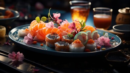 Photo of a delicious assorted platter of sushi paired with a glass of fine wine created with Generative AI technology