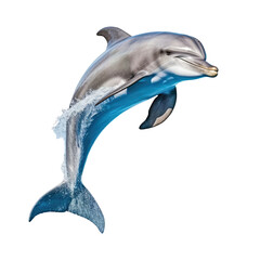 A dolphin is jumping out of the water. Isolated on white. Transparent PNG. Generative AI