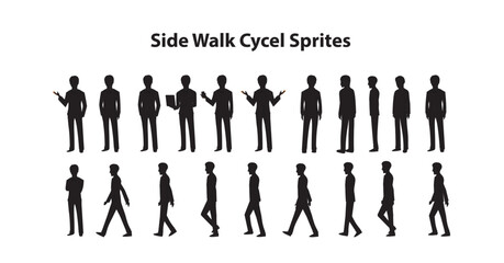 Walking animation of businessman,Character Walk Cycle Animation Sequence. Frame by frame animation sprite sheet.Man walking sequences of Front, side, back, front three fourth and back three fourth.
