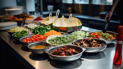 Fototapeta premium Innovative Culinary Fusion at a Contemporary Taco Bar in New York City: Avant-Garde Chefs Redefine Tacos with Korean-Inspired Bulgogi Beef, Kimchi Slaw, and Gochujang Aioli.