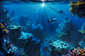 Undewater world landscape, reef, sea bottom with corals and seaweeds