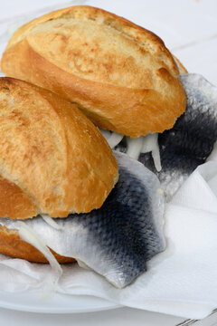 Fischbroetchen with Bismarck Hering, a Pickled Herring Fish Sandwich in a Bun
