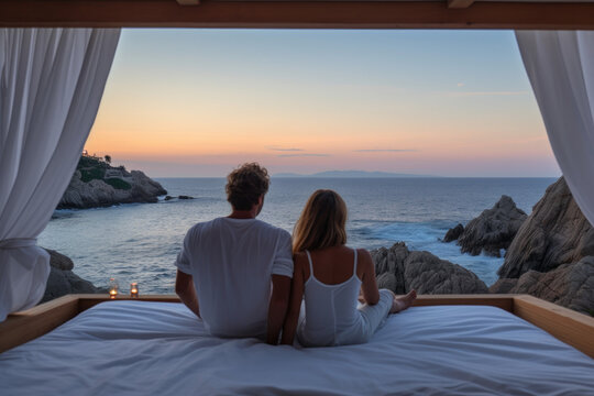 Couple in love chilling and enjoying beautiful views over the ocean, paradisiac beach, sunday morning, ai generative	