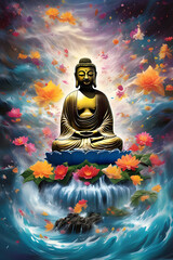 the painting of buddha statue with flower