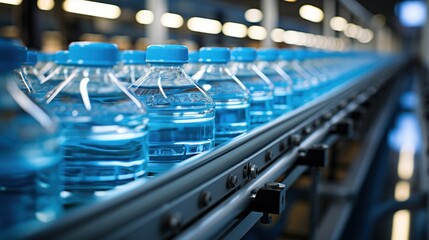 Conveyor belt with juice bottles on beverage factory interior in blue color.