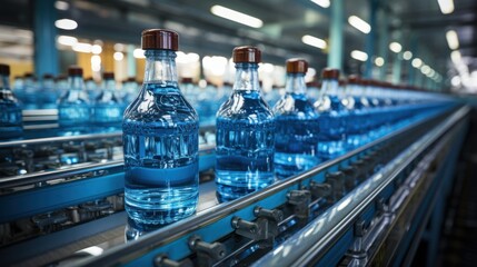 Conveyor belt with juice bottles on beverage factory interior in blue color.