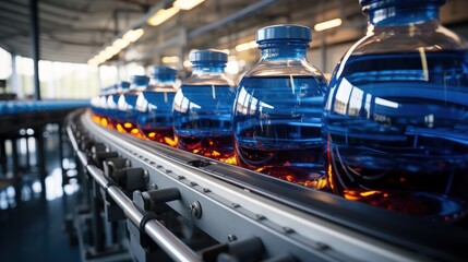 Conveyor belt with juice bottles on beverage factory interior in blue color.