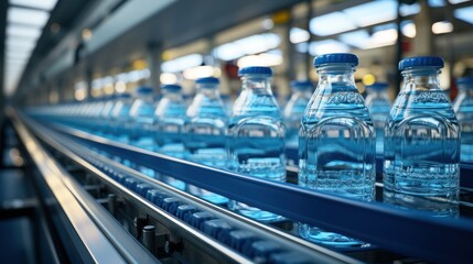 Conveyor belt with juice bottles on beverage factory interior in blue color.