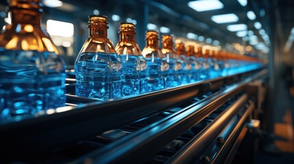 Conveyor belt with juice bottles on beverage factory interior in blue color. - obrazy, fototapety, plakaty
