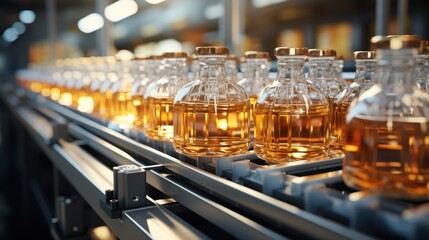 Fototapeta na wymiar Conveyor belt for juice bottles inside a beverage factory