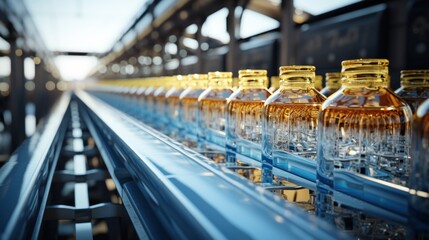 Naklejka premium Conveyor belt for juice bottles inside a beverage factory