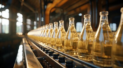 Conveyor belt for juice bottles inside a beverage factory
