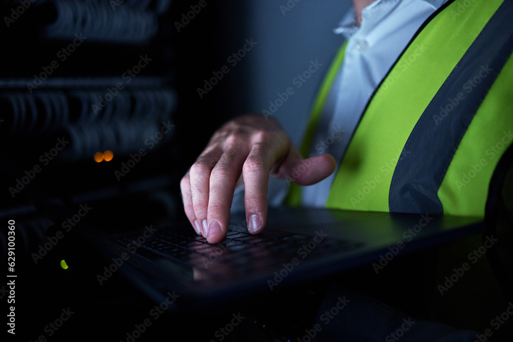 Poster engineering, night and hands of person on laptop for maintenance, repair and inspection in server ro