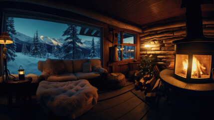 Nordic Coziness: Relaxing in a Norwegian Wood Cabin with Fireplace as Night Falls.
