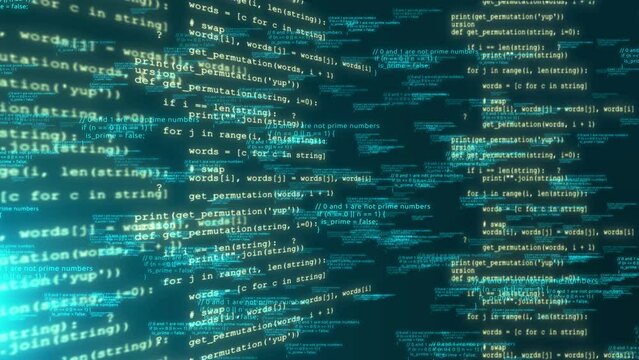 4K Programming code running over computer screen terminal. computer virtual space. Program development and security hacking code. Data flow animation. IT, software development