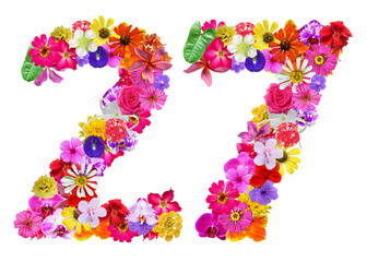 The shape of the number 27 is made of various kinds of flowers petals isolated on transparent background. suitable for birthday, anniversary and memorial day templates
