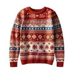 A festive red and white sweater with snowflake patterns. PNG. Transparent. Generative AI