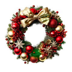 Fototapeta na wymiar A festive Christmas wreath with colorful ornaments and a beautiful bow. PNG. Transparent. Generative AI