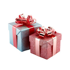 Two beautifully wrapped gift boxes with festive bows and ribbons, perfect for Christmas presents. PNG. Transparent. Generative AI