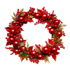 A festive Christmas wreath with red poinsettias and berries. PNG. Transparent. Generative AI