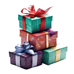 A stack of beautifully wrapped presents with a festive red bow. PNG. Transparent. Generative AI