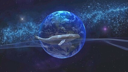 The blue whale swims towards the cosmic waves, against the backdrop of the vast earth. Fantasy with a big whale floating on the waves of time and the universe.
