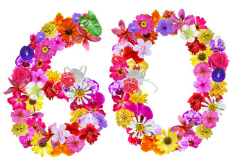 The shape of the number 60 is made of various kinds of flowers petals isolated on transparent background. suitable for birthday, anniversary and memorial day templates