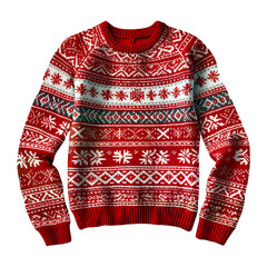 A festive red and white sweater with snowflake pattern. PNG. Transparent. Generative AI