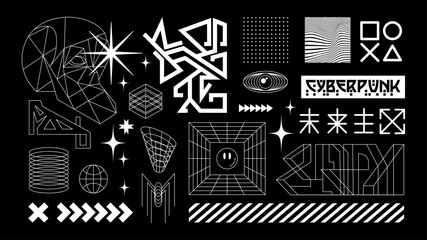 Retro Futuristic set, y2k, rave trip elements. Acid geometric shapes in y2k style in black and white colors on black background. Skull, stars, elements. Шllustration in cyberpunk style for t-shirts.