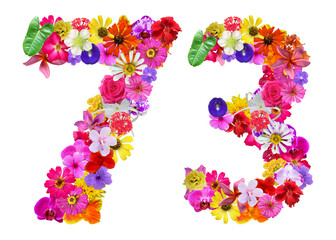 The shape of the number 73 is made of various kinds of flowers petals isolated on transparent background. suitable for birthday, anniversary and memorial day templates