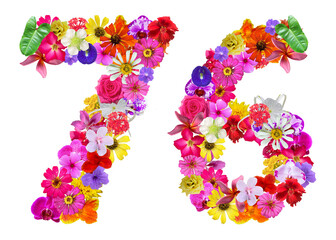 The shape of the number 76 is made of various kinds of flowers petals isolated on transparent background. suitable for birthday, anniversary and memorial day templates