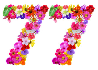 The shape of the number 77 is made of various kinds of flowers petals isolated on transparent background. suitable for birthday, anniversary and memorial day templates