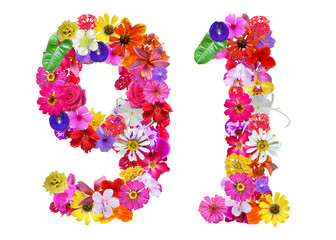 The shape of the number 91 is made of various kinds of flowers. suitable for birthday, anniversary and memorial day templates