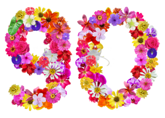 The shape of the number 90 is made of various kinds of flowers. suitable for birthday, anniversary and memorial day templates