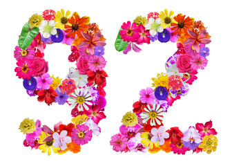 The shape of the number 92 is made of various kinds of flowers. suitable for birthday, anniversary...