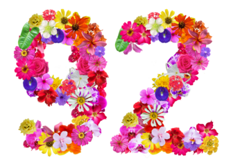 The shape of the number 92 is made of various kinds of flowers. suitable for birthday, anniversary and memorial day templates