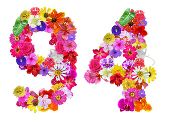 The shape of the number 94 is made of various kinds of flowers. suitable for birthday, anniversary...