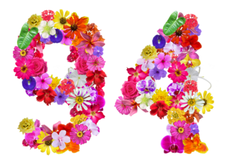 The shape of the number 94 is made of various kinds of flowers. suitable for birthday, anniversary and memorial day templates