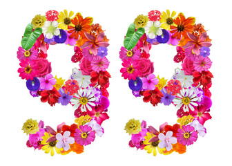 The shape of the number 99 is made of various kinds of flowers. suitable for birthday, anniversary...