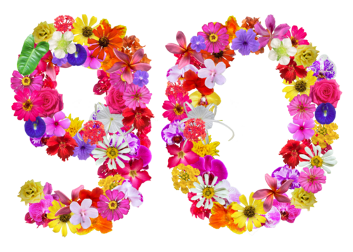 The shape of the number 90 is made of various kinds of flowers. suitable for birthday, anniversary and memorial day templates