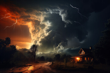 Thunderstorm, cyclone, tornado on a windy rainy night near house