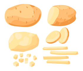 Ripe raw potato, whole and chopped vegetable set